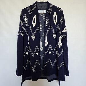 BLUE BAYOU CARDIGAN WOMENS OPEN FRONT EMBROIDERED NAVY WHITE (LARGE)